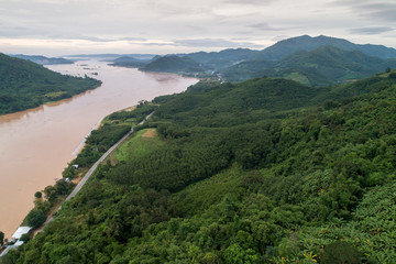 Aerial view nature and mekong riviver laos and thailand