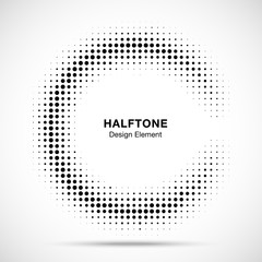 Halftone circle frame dots logo emblem. Design element for medical, treatment, cosmetic. Round border Icon using halftone circle dots raster texture. Vector illustration.