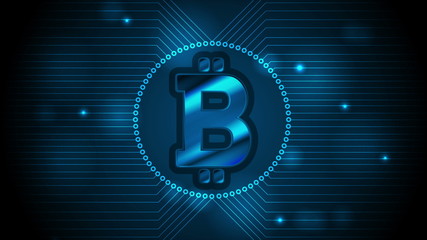 Blue technology background with bitcoin money emblem and circuit board lines. Internet virtual digital crypto currency symbol