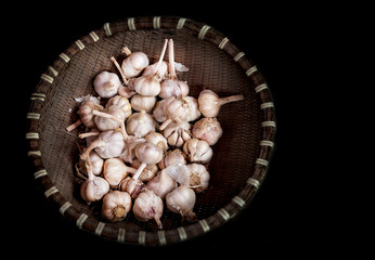 Organic garlic bulbs with garlic cloves in bamboo basket with black background,herb