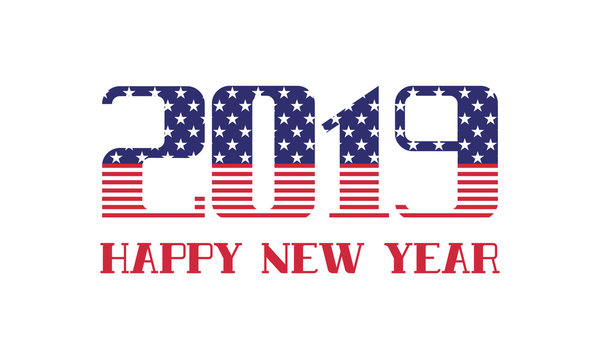 2019 Happy New Year. USA flag greeting card