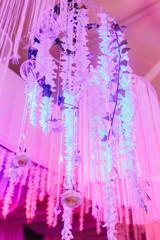 Magnificent chandeliers hang from the white ceiling pink colors. Wedding decoration of restaurant