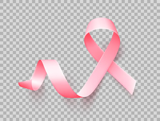 Symbol of breast cancer awareness month in october. Realistic pink satin ribbon over transparent background. Vector.
