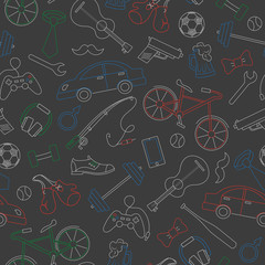 Seamless pattern on the theme of male Hobbies and habits, simple colored chalks on the dark school Board