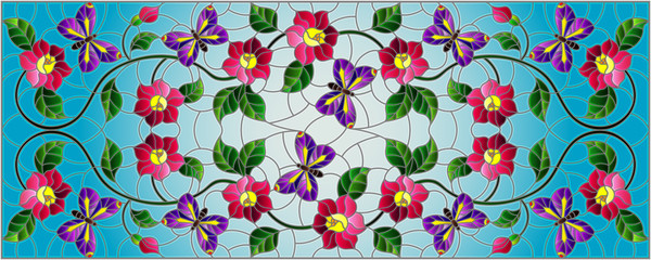 Illustration in stained glass style with abstract curly pink flower and a purple butterfly on blue background , horizontal image