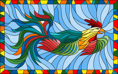 Illustration in stained glass style with abstract rooster on blue background in bright frame © Zagory