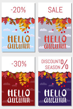 Set cards Hello Autumn, discount season, background with falling leaves, yellow, orange, brown, fall, lettering, template for poster, banner, vector, isolated