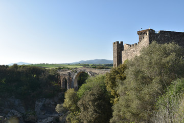 Fototapeta na wymiar View of ancient stone bridge and part of the castle in the valley