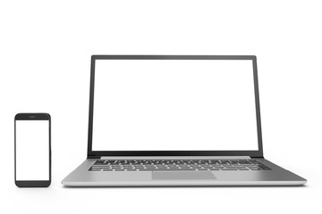 Fototapeta premium 3D illustration desktop computer blank mock up. Glossy laptop computer mock up. Modern computer mock up. Perfectly detailed smartphone mock up near computer blank.