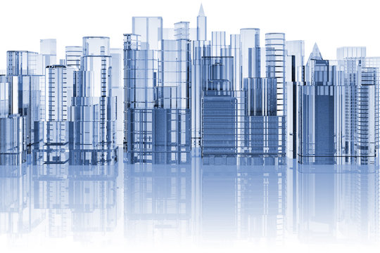 skyline citt&agrave; su sfondo bianco con riflesso..