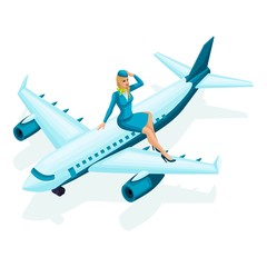 Isometric stewardess sits on the airplane. Beautiful girl in colorful clothes, uniform, makeup, hairstyle. A woman in her favorite work set 3