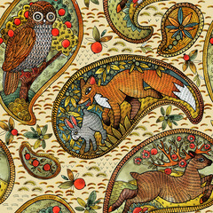 Fototapeta premium seamless pattern with ethnic motif forest animals. watercolor folklore hand drawn illustration. paisley element background