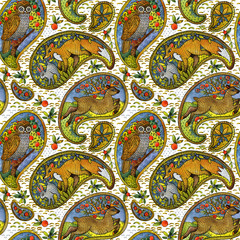 seamless pattern with ethnic motif forest animals. watercolor folklore hand drawn illustration. paisley element background