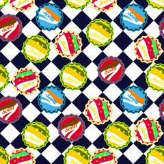Fototapeta premium Soda bottle caps pattern vector on blue and white checkered seamless background.