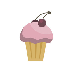 Delicious dessert cupcake with cream and cherry colored illustration. Ice cream with berries cherry colored icon