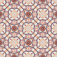 Vintage floor tiles ornament purple vector pattern print. Neutral colors geometric floral hexagonal seamless backdrop.