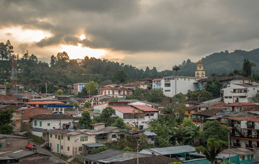 Fototapeta na wymiar View of the touristic village of Salento, Quindio, Colombia, at sunset