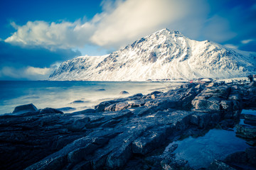 Fototapeta premium Panorama Of Kvalvika Beach on the Lofoten Islands,