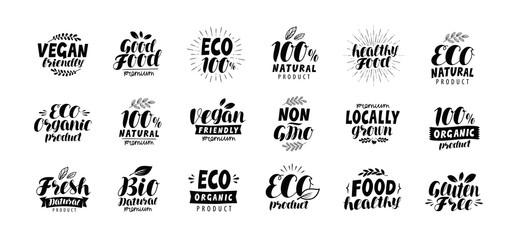 Natural, organic logo or label. Eco, healthy food set badges. Lettering vector