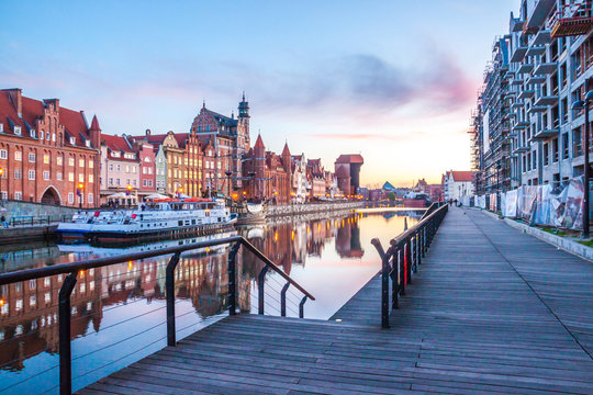Gdansk old town and famous crane at amazing sunrise. Gdansk. Poland