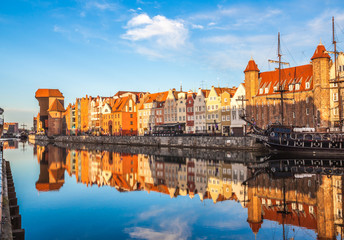 Gdansk old town and famous crane at amazing sunrise. Gdansk. Poland