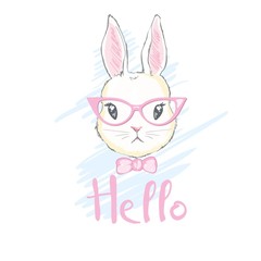 cute rabbit sketch vector illustration, children print on t-shirt, hand drawn bunny with glasses