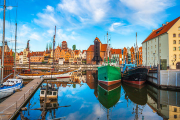 Gdansk old town and famous crane at amazing sunrise. Gdansk. Poland
