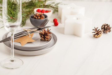 Christmas beautiful table setting. Christmas postcard.