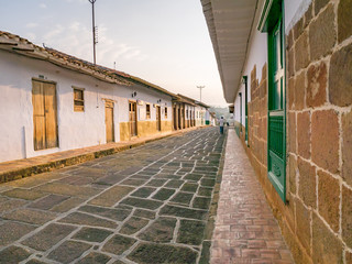 Barichara, Colombia, Santander, colonial street with white historic buildings