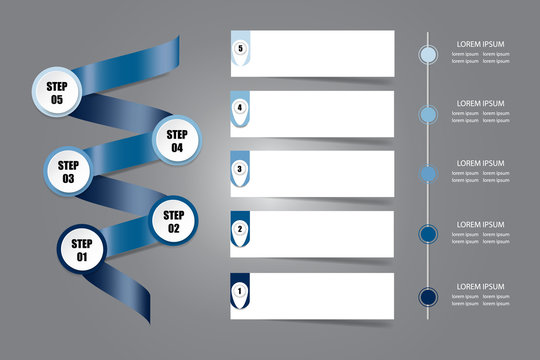 Infographic presentation of blue metal spiral showing five steps of process, five empty white notes ready for your text and timeline for five steps of process. 