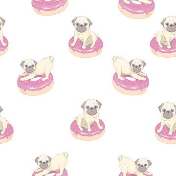 Pink seamless pattern with funny french bulldog and donut.