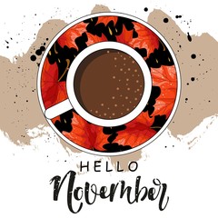 Hello November time, isolated, label, pattern design words. Vector illustration of Cup and autumn elements.