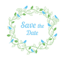 Save the date wedding design template with floral ornament and birds