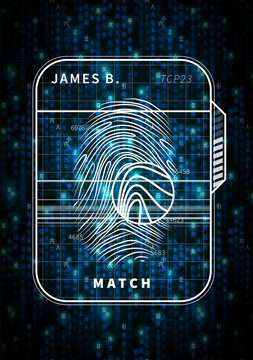 Fingerprint scan futuristic concept on abstract blue matrix symbols