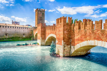 Castelvecchio Bridge, aka Scaliger Bridge in Verona, Italy - obrazy, fototapety, plakaty