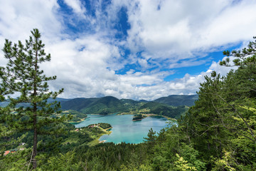 Landscape view from the height on Zaovine Lake in Tara national park in Serbia at day time in summer