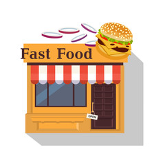 Illustration of cute little fast food restaurant. Restaurants and shops facade, storefront vector detailed flat design