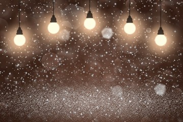 Fototapeta na wymiar red beautiful sparkling glitter lights defocused light bulbs bokeh abstract background with sparks fly, holiday mockup texture with blank space for your content