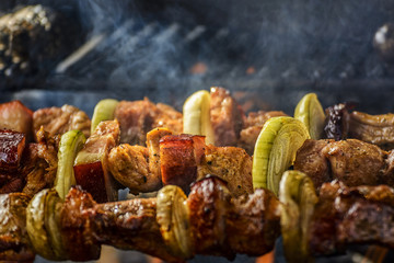 Huge Skewers of Meat and Vegetables On the Barbeque - Typical Food of góral People in Zakopane Mountain  - obrazy, fototapety, plakaty