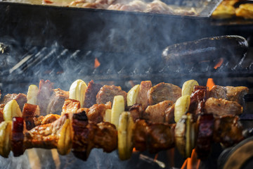 Huge Skewers of Meat and Vegetables On the Barbeque - Typical Food of góral People in Zakopane...