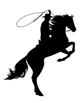 cowboy riding rearing up horse - wild west theme black vector silhouette