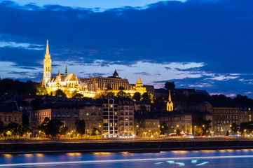 Old church and fisherman bastion at night in Budapest, Hungary