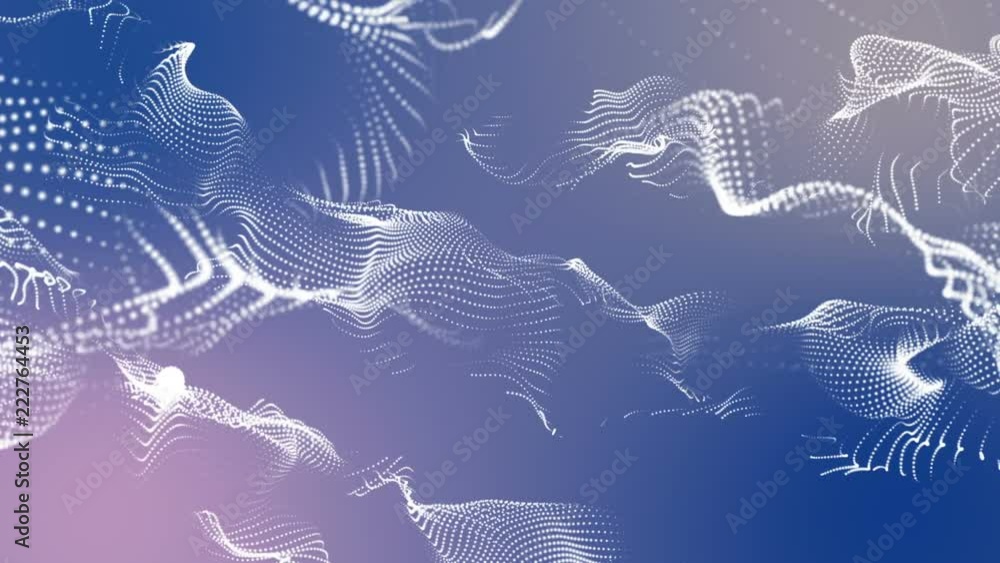 Poster white three-dimensional round particles slowly fly on a light blue background. 3d rendering. depth o