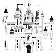 Fairytale medieval castle and fortress. The princess castle. Wonderland. Black and white.