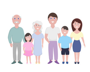 Fototapeta premium Big happy family. Mom, dad, kids, grandparents vector illustration on white background. 