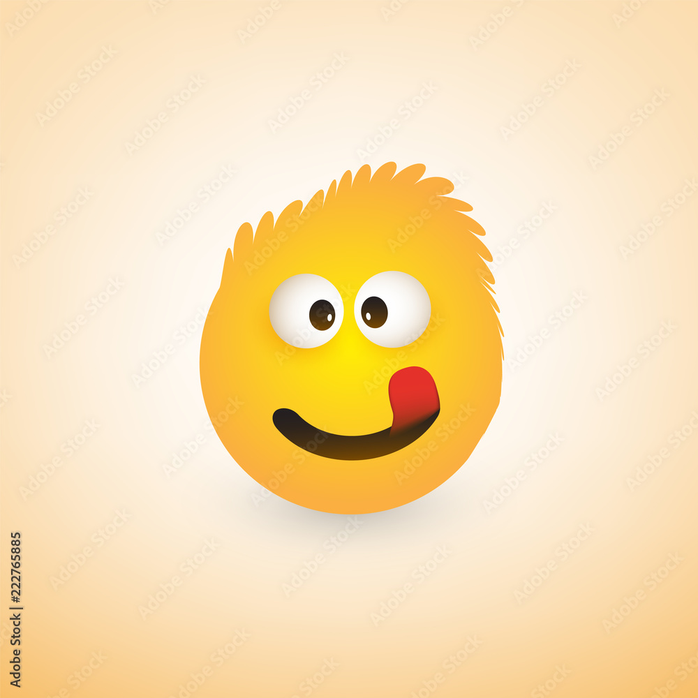 Poster smiling emoji with stuck out tongue - simple shiny happy emoticon on yellow background - vector desi