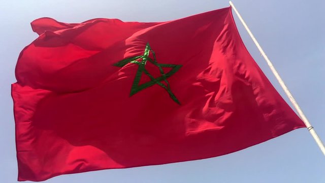 4K Moroccan waving flag on blue sky