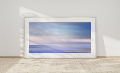 Large horizontal frame leaning on a white wall 3D rendering