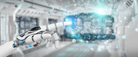 White humanoid hand using digital global network 3D rendering