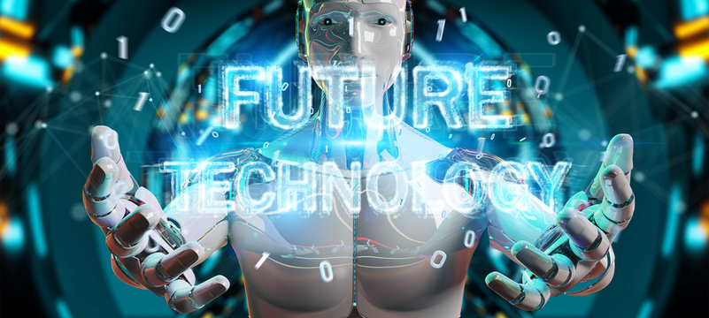 White robot using future technology text hologram 3D rendering